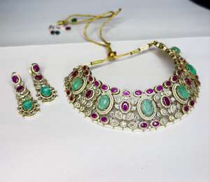 Mint Green & <b>Ruby</b> Pink Doublet Stone Choker <b>Necklace</b> Set Designer CZ Statement Jewelry Traditional Indian Bridal Jewelry - Product Image 5
