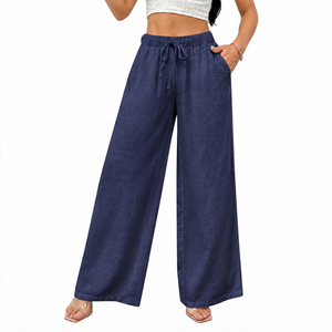 High Quality Cotton <b>Linen</b> Drawstring Waist Wide Leg Pants Low Moq Customized Color Pattern Design - Product Image 1