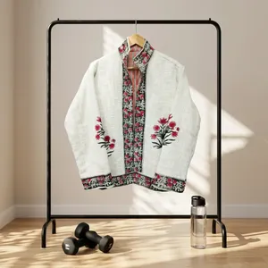 Chaqueta de Lino Blanco con Estampado Artesanal Indio, Cuello Alto, para Mujer, Cárdigan Floral, Blusa de Manga Larga para Primavera - Product Image 3