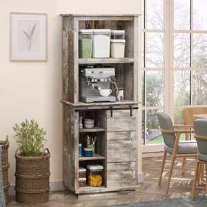 Buffet de cuisine rustique autoportant avec porte coulissante style grange et étagères réglables (64,5 po) - Product Image 2