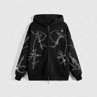 Blouson bomber noir zippé délavé à l'acide anti-boulochage avec imprimé croix gothique à paillettes et sequins, coupe ample unisexe, décontracté pour l'hiver