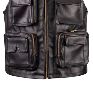 Premium Men's Black Leather <b>Vest</b> With Zippered Pockets Front Zip Closure Multi-Pocket Design Regular Fit Outerwear - Product Image 3