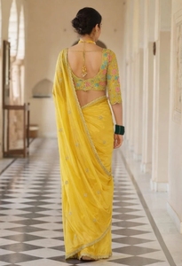 KV Women's Embroidered Bollywood Organza <b>Saree</b> with Unstitched Blouse (<b>Yellow</b>) From Uttar Pradesh In-Stock - Product Image 2