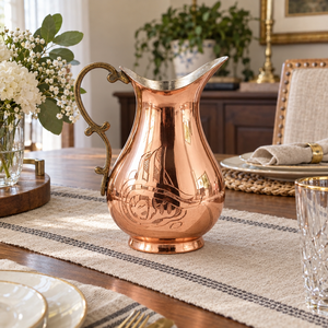 Carafe à eau en cuivre pur lisse avec gravure Tugra ottomane, poignée en laiton, carafe arabe traditionnelle, vaisselle de service - Product Image 2