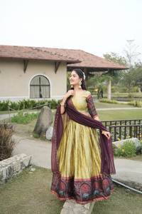 Lehenga Choli traditionnel en soie avec broderie Zari et bordure contrastante Kalamkari, accompagné d'un dupatta en tulle de créateur - Product Image 3