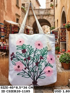 Bolso Tote de Lona de Algodón Bordado a Mano con Aguja Mágica, Color Sólido, Asas de Tela, Bolso de Hombro Portátil de Moda para Compras - Product Image 2