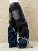 Pantalon en jean délavé pour homme, coupe classique gothique, noir et bleu color-block, écologique, imperméable, coupe ample à jambe large, effet vieilli