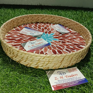 Plateau rond en rotin artisanal de luxe avec incrustation de nacre Parfait pour servir des collations, du thé et du café Idée cadeau de décoration intérieure - Product Image 1