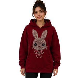 Sweat à capuche oversize pour femme en molleton de coton premium, motif lapin en strass bordeaux, décontracté, hiver, personnalisé - Product Image 1