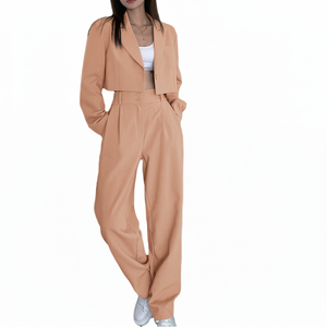 Conjunto de dos piezas para mujer: Sudadera corta con cremallera y pantalones de chándal, color liso, ajuste ceñido, estilo urbano. - Product Image 2