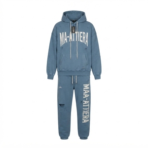 Custom Blue Washed Distressed <b>Oversized</b> Hoodie and Jogger <b>Sweatpants</b> Men Two Piece Streetwear Tracksuit Set - Product Image 4