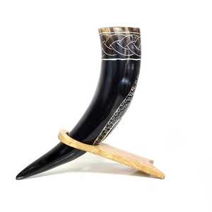 New Viking <b>Drinking</b> Horn Modern Handmade Engraved Real Touch Buffalo Horn Mug with Wooden <b>Stand</b> Holder World Craft Impex - Product Image 4