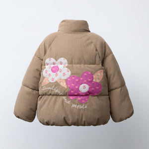 <b>Corduroy</b> Puffer <b>Jacket</b> Stand Collar Floral Pocket Winter Coat Unisex Casual Thick Loose Fit Short Length Pullover Style - Product Image 4