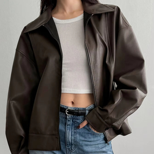 Blouson en cuir pour femme, col rabattu, manches longues, fermeture éclair, couleur unie, automne, longueur courte - Product Image 6