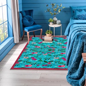 Tapis rectangulaire floral style bohème en polyester avec envers antidérapant en caoutchouc, à poils ras, pour décoration de chambre, motif vert, rose et turquoise - Product Image 6