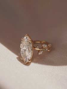<b>Vintage</b> Marquise Cut Lab Diamond Engagement <b>Ring</b> , Nature Leaf Design , 14K <b>Gold</b> Art Deco , IGI Certified - Product Image 5