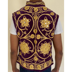 <b>Men's</b> Winter Vintage <b>Purple</b> Velour Embroidered <b>Waistcoat</b> Stand Collar Open Front Gold Embroidery Suits - Product Image 5
