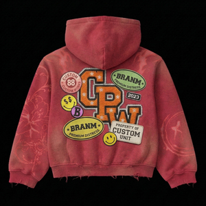 Sweat à capuche zippé personnalisé pour homme en coton, design brodé, épais 450 g/m², patchwork, coupe courte et carrée, en molleton bouclette effet délavé au soleil - Product Image 3