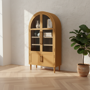 Modern Eco-Friendly Rectangular Display Cabinet Rubber Wood MDF Oak Veneer <b>Shutter</b> Doors 4-Compartment Living Room Storage - Product Image 5