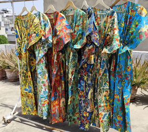 Caftán de Playa Bohemio para Mujer, Hecho a Mano con Estampado Floral de Algodón, Lavable, Cintura Natural, Ropa de Dormir de Verano - Product Image 1