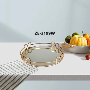 Plateau décoratif rond miroir avec cadre géométrique plaqué or, 12 pouces, style Hollywood Glamour pour la décoration intérieure - Product Image 3