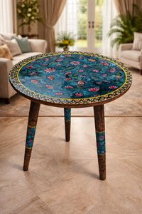 Mesa Auxiliar Redonda de Madera Hecha a Mano con Diseño Floral Artístico, Mesa Decorativa Antigua para Sala de Estar, Decoración del Hogar, QG ENTERPRISE - Product Image 2