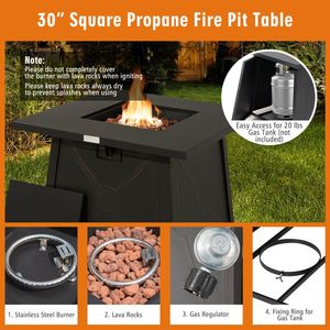 30-Inch Square Propane Gas Fire <b>Table</b> with Waterproof <b>Cover</b> for Outdoor Use - Product Image 5