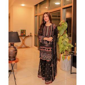 Designer Party Wear Chiffon Top and Bottom <b>with</b> Three-Quarter Sleeves and Dupatta - Product Image 5