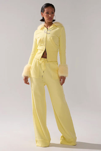 Ensemble 2 pièces en molleton jaune à capuche pour femme, coupe ample, manches longues, décontracté, toutes saisons, sweat-shirt et pantalon de jogging avec bordure en fourrure - Product Image 2