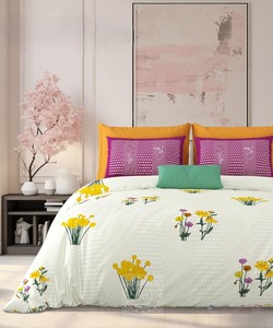 Ensemble de linge de lit King-Size blanc laiteux doux et confortable de qualité supérieure 100% coton imprimé feuilles motif drap plat 2 taies d'oreiller - Product Image 6