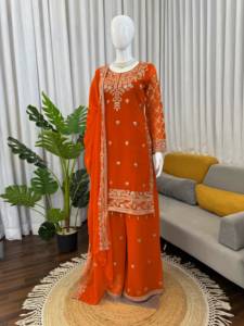 Conjunto de Salwar Kameez de Georgette con Bordado Naranja y Dupatta, Traje Pakistaní para Bodas y Fiestas, Atuendo Étnico para Mujer - Product Image 5