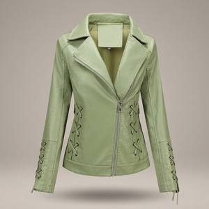 Chaqueta de moto de cuero PU rosa metalizado para mujer, con cordones, cuello vuelto y cremallera. - Product Image 6
