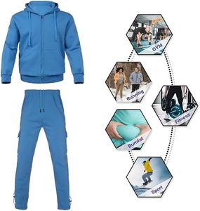 Ensemble de survêtement unisexe bleu à capuche avec fermeture éclair intégrale, couleur unie, décontracté, athlétique, 100 % coton, poids moyen, respirant, pour adulte, collection automne - Product Image 5