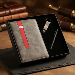 Aurelux Grey Corporate Premium <b>Notebook</b> Gift <b>Set</b> Red Striped case Bound Journal Metal Keychain Black Ball Pen Professional - Product Image 3