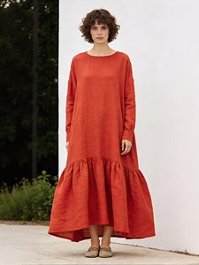 Vestido Maxi Bohemio Holgado para Mujer, Manga Larga, Algodón y Lino, Cuello Redondo, Estilo Casual Minimalista - Product Image 5