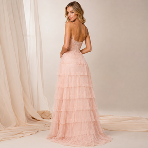 Luxury Blush Pink Tiered Tulle Ball Gown for Women | 3D Floral Embellished Party Dress | Elegant Wedding & Reception Wear Dress - Product Image 2