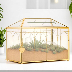 Caja de cristal dorada para tarjetas de boda, soporte grande para tarjetas de boda, terrario de cristal dorado hecho a mano con ranura y accesorios de cierre de corazón - Product Image 2