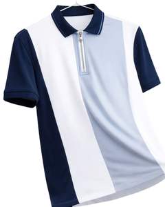 Polo de manga corta para hombre, azul marino, blanco y gris claro, con cremallera de un cuarto, estilo casual, de punto, con bloques de color, fabricado a medida. - Product Image 1