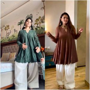 <b>Women</b> Green Cotton <b>Kurta</b> With White Palazzo Pants Ethnic Casual Wear Loose Fit Midi Length India Pakistan Style - Product Image 6