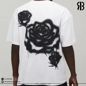 Camiseta Blanca Extra Grande para Hombre Rubabull con Estampado Floral Negro, Manga Corta, Cuello Redondo, Estilo Casual Urbano, Jersey de Algodón - Product Image 3