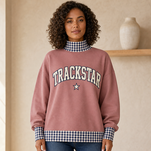 Dusty Rose <b>Women's</b> Mock Neck Sweatshirt <b>Navy</b> Gingham Trim Ivory Varsity Applique Embroidered Border Trackstar OEM Pullover - Product Image 1