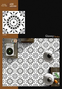 Carreaux de sol en céramique brillants 400x400mm, noir et blanc, motif floral vintage, série brillante, carreaux en céramique 400x400, style européen, décoration - Product Image 3