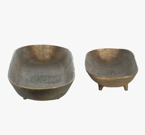 Bandejas decorativas artesanales de latón ranurado, cuencos rústicos industriales con base, cuencos metálicos texturizados con base tipo canoa - Product Image 5