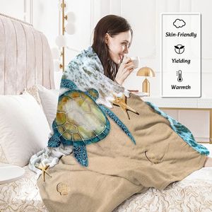 Modern Coastal Ocean Sea Turtle Flannel Blanket Super Soft Lightweight Blue Beach Swirls Throw for Bed Sofa or Couch - Product Image 2