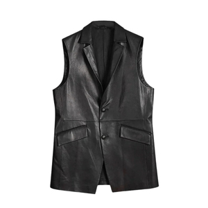 <b>Men's</b> <b>Black</b> Genuine Leather <b>Vest</b> Single Breasted Turn Down Collar Waistcoat - Product Image 2