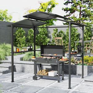 Gazebo con Tetto Rigido 8 x 5 Piedi, Doppio Tetto in Metallo, 4 Portabicchieri, Struttura in Legno, 2 Ripiani Laterali per Patio, Giardino, Prato, Terrazza - Product Image 2