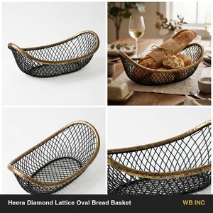 Handmade 34 cm Iron Wire <b>Basket</b> Black Antique Brass Raised Ends Heera Diamond Lattice Oval <b>Bread</b> <b>Basket</b> for Home Decor Garage - Product Image 5