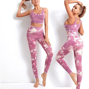 Tie Dye Pink Yoga Set 2 Piece High Waist <b>Leggings</b> <b>Crop</b> Top Racerback Sleeveless Full Length Polyester Four-Way Stretch - Product Image 5