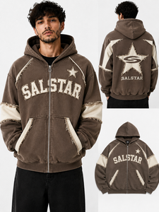 Sweat-shirt à capuche vintage marron pour homme, veste zippée, streetwear premium avec empiècements contrastés, logo personnalisé - Product Image 6