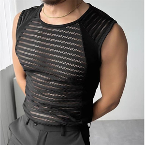 Men's Black <b>Mesh</b> Tank <b>Top</b> O-Neck Striped Hollow Out Breathable Knitted Street Style Spandex Polyester - Product Image 2